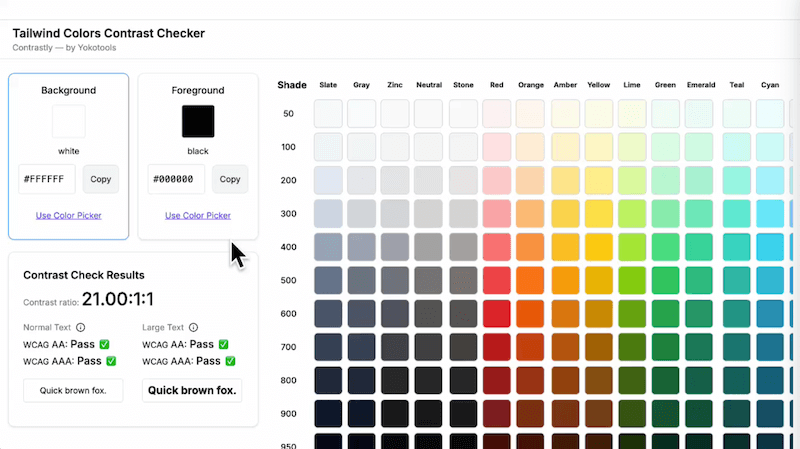 Color contrast checker with Tailwind palette grid